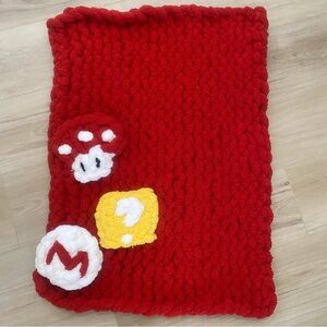 Handmade Red Knitted Blanket with Mario Themed Patches